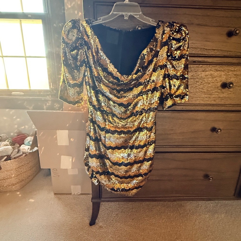 Arrogant Cat sequins mini dress, size P. Black, silver, gold, and bronze sequins